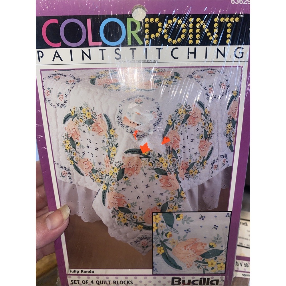 Bucilla Colorpoint Paintstitching Set of 4 Quilt Blocks Tulip Rondo 03629 Vtg